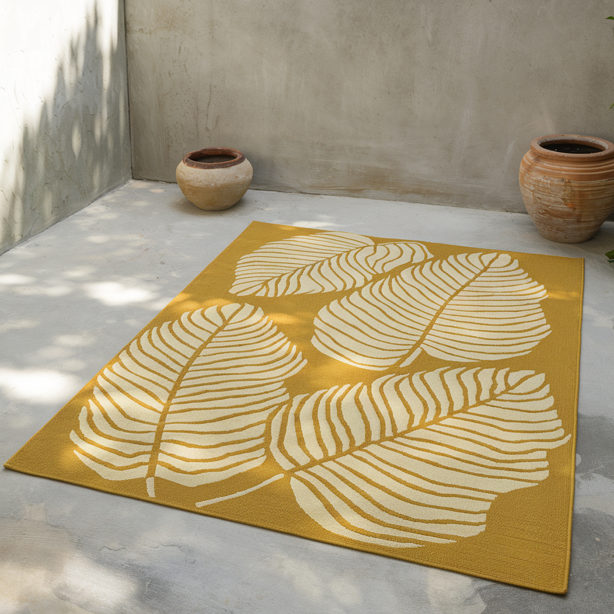 Leaf in mustard yellow rug