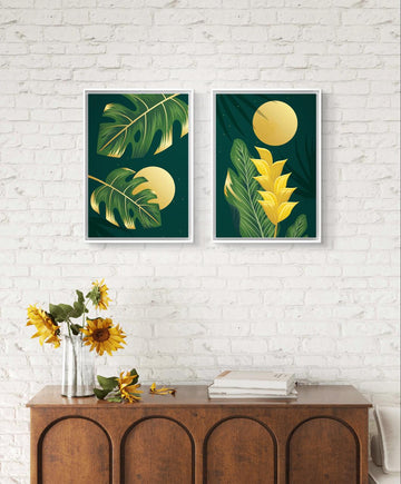 Golden moon and Leaves diptych Photo frame Set of 2