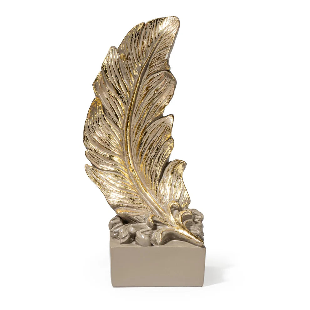 Feather of Elegance Calandi's Feather Sculpture - Ash Grey & Gold, 30cm