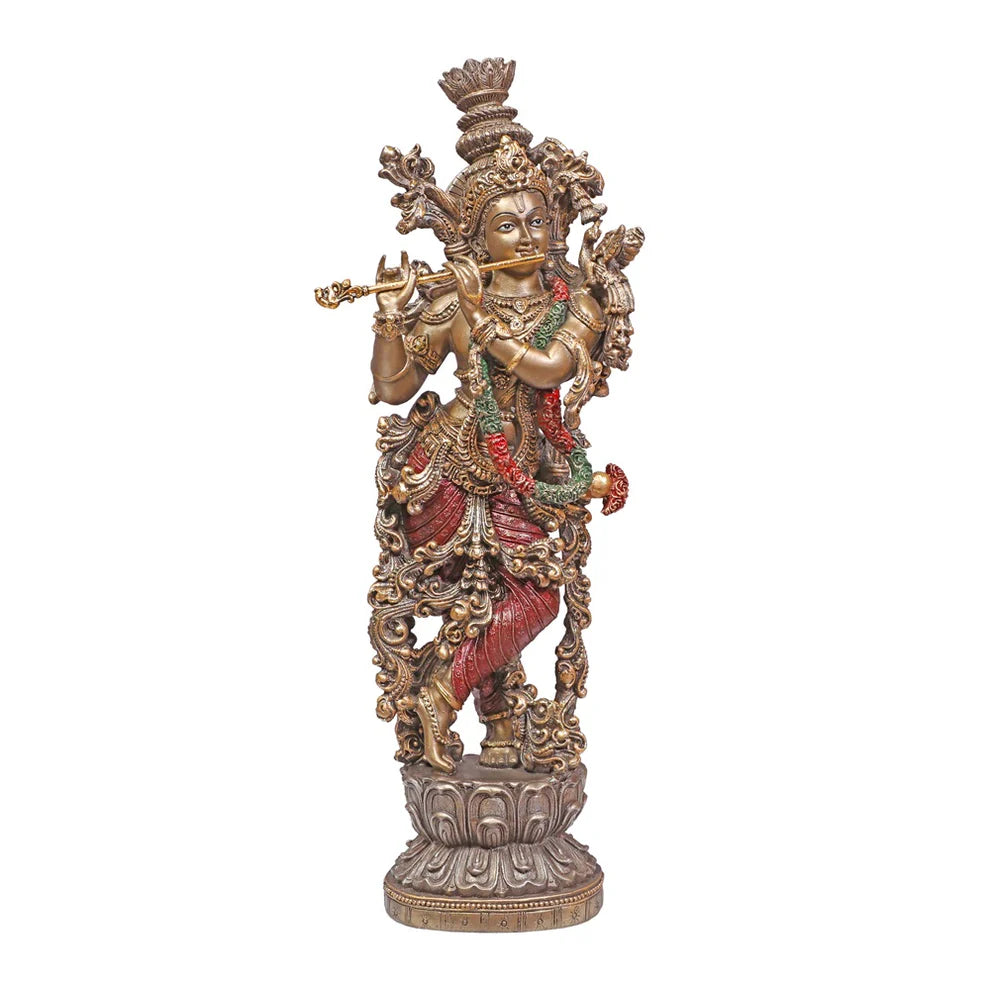 Divine Melodies Krishna Playing Flute Figurine - Gold & Red, 37cm